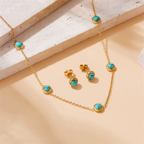 Simple Round Blue Turquoise Stainless Steel Chain Earrings And Necklace With Electroplating Design For Girls