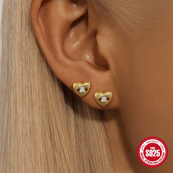 Simple S925 Silver Stud Earrings With Stars Moon Diamond Smiling Face Geometric Design Electroplated For Women