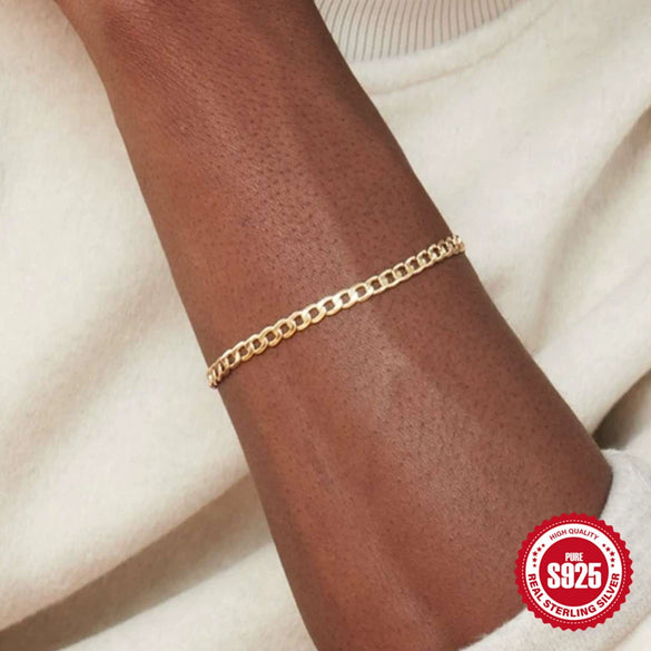 Simple S925 Sterling Silver Basic Matching Cuban Chain Bracelet For Women With Geometric Pattern And Electroplating Treatment