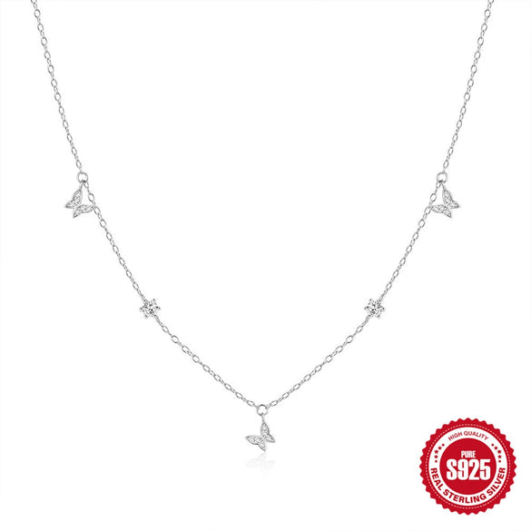 Simple S925 Sterling Silver Elegant All Match Butterfly Zircon Stacked Wear Women's Collarbone Necklace With Geometric Pattern And Electroplating