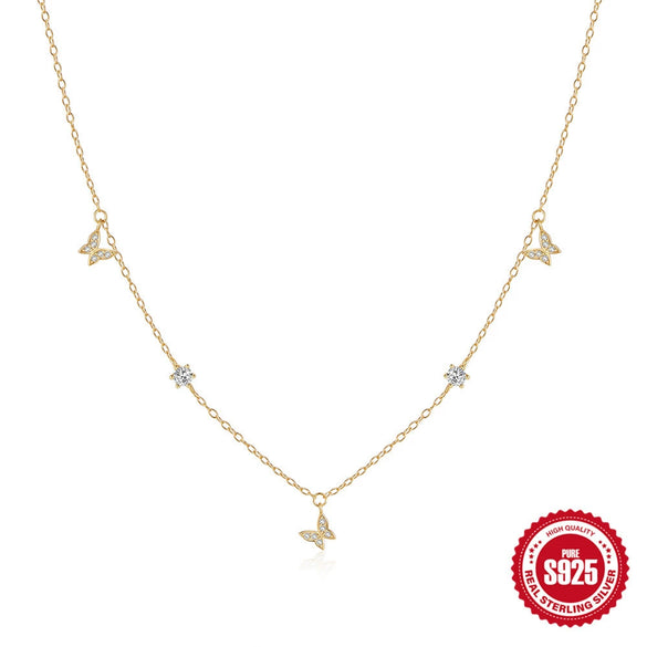 Simple S925 Sterling Silver Elegant All Match Butterfly Zircon Stacked Wear Women's Collarbone Necklace With Geometric Pattern And Electroplating