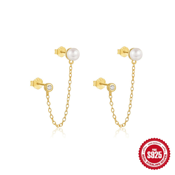 Simple S925 Sterling Silver Geometric Star Diamond Pearl Tassel Chain Earrings For Women
