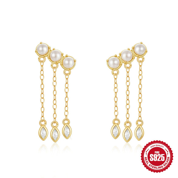Simple S925 Sterling Silver Geometric Star Diamond Pearl Tassel Chain Earrings For Women