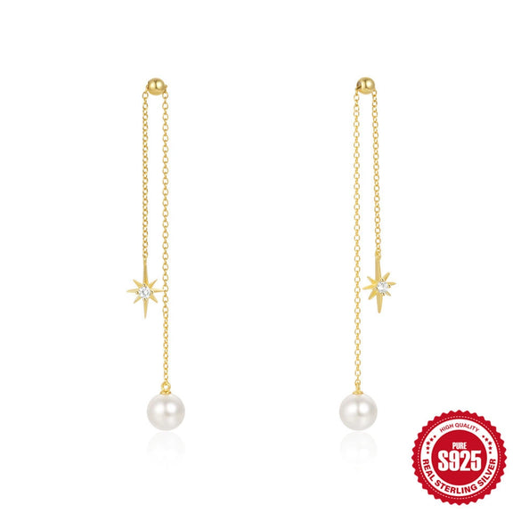 Simple S925 Sterling Silver Geometric Star Diamond Pearl Tassel Chain Earrings For Women