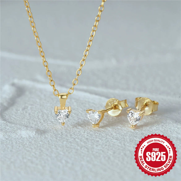 Simple S925 Sterling Silver Heart Shaped Stud Earrings And Necklace Set With O Chain And Electroplating