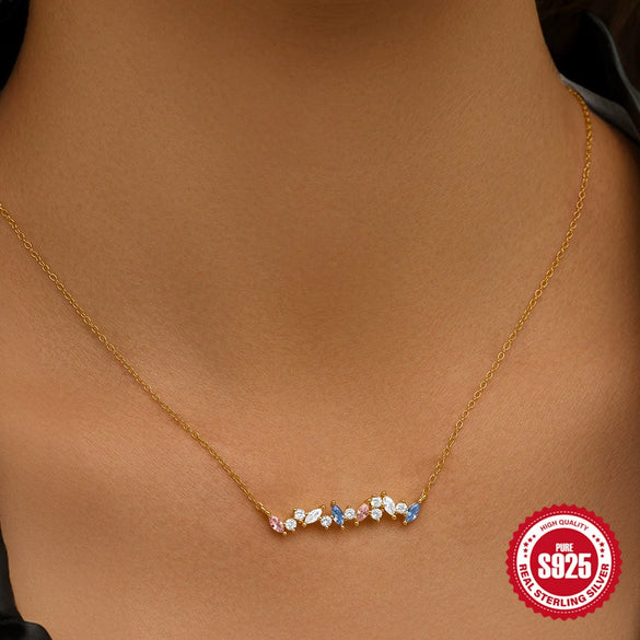 Simple S925 Sterling Silver Horse Eye Color Zircon Pendant Necklace With Geometric Design For Women Electroplated O Chain Stacked Wear
