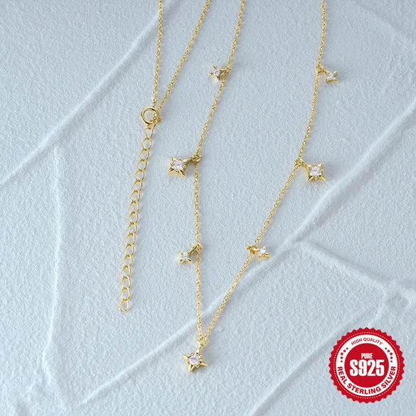 Simple S925 Sterling Silver Ins Style Geometric Star Diamond Stacked Women's Clavicle Necklace With Electroplating O Chain