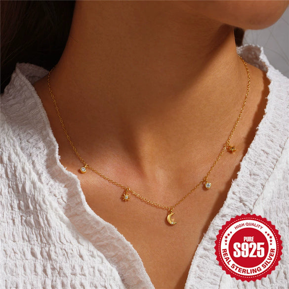 Simple S925 Sterling Silver Ins Style Geometric Star Moon Stacked Women's Necklace With Electroplating