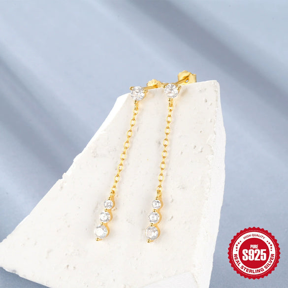 Simple S925 Sterling Silver Pearl Stitching Crescent Tassel Earrings Set With Gemstones For Women Fashion Style