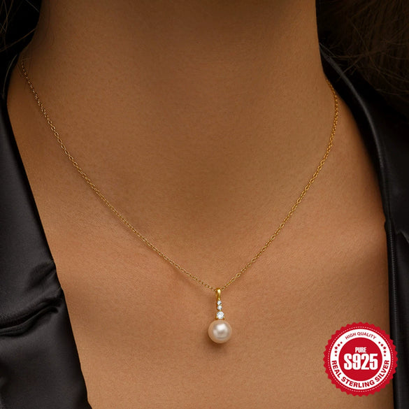 Simple S925 Sterling Silver Pearl Zircon Geometric Stacked Wear Electroplated Women's Collarbone Necklace