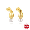Simple S925 Sterling Silver Plain Glossy Water Drop And Pearl Stud Earrings With Geometric Pattern For Women