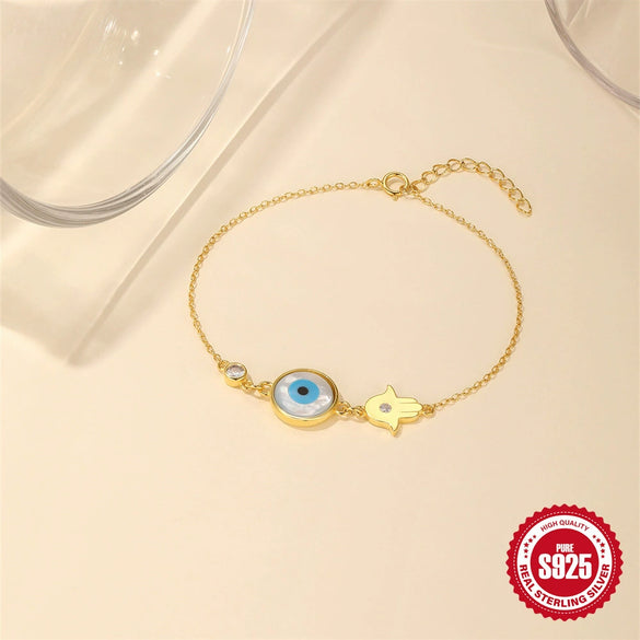 Simple S925 Sterling Silver Retro Palm Devil's Eye Blue Eyes Geometric Design Electroplated Unisex Bracelet