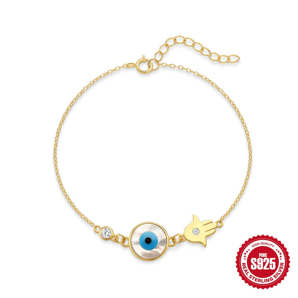 Simple S925 Sterling Silver Retro Palm Devil's Eye Blue Eyes Geometric Design Electroplated Unisex Bracelet