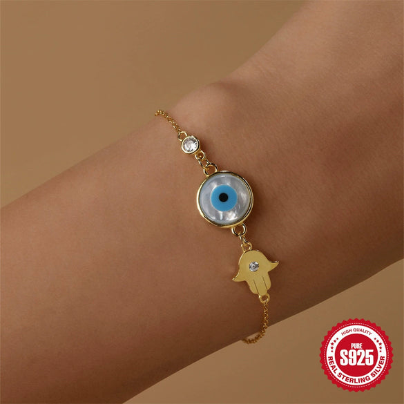 Simple S925 Sterling Silver Retro Palm Devil's Eye Blue Eyes Geometric Design Electroplated Unisex Bracelet