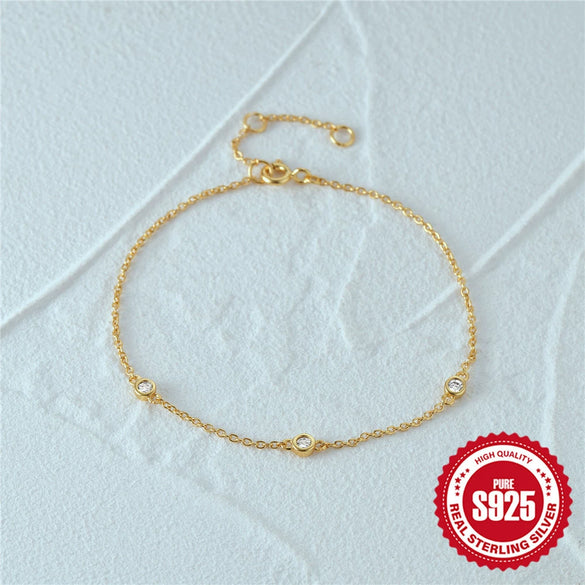 Simple S925 Sterling Silver Women's Bracelet With Three Zircon Inlays And Geometric Pattern Electroplated