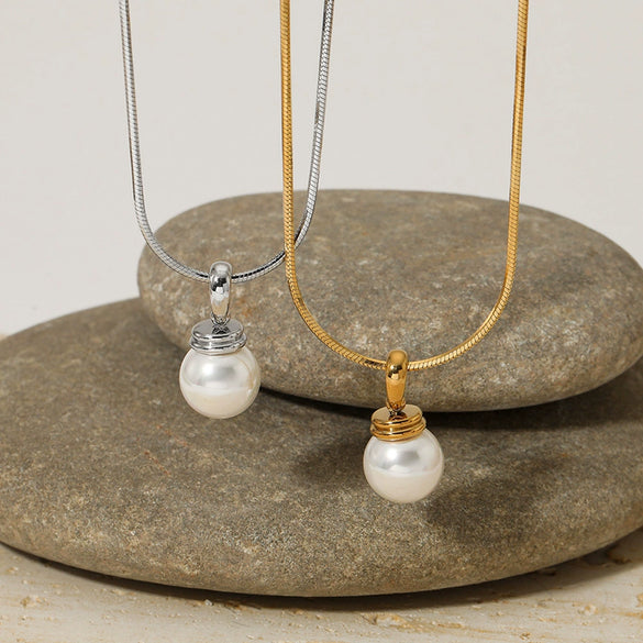Simple Shell Bead Pendant Necklace For Women Fashion Geometric Style Stainless Steel And Pearl Material Electroplating Process