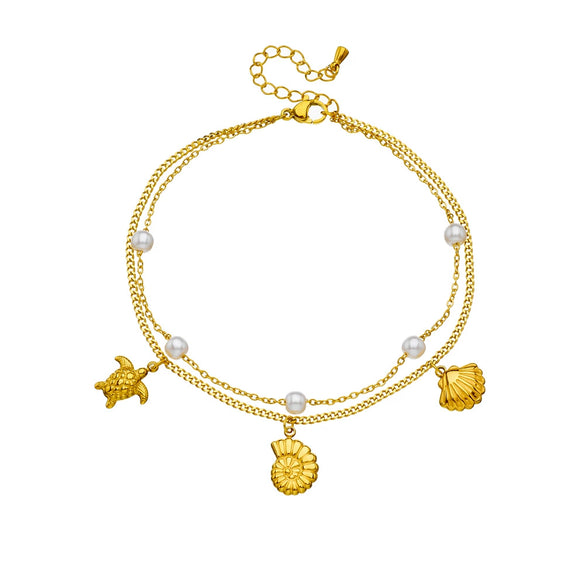 Simple Shiny Shell Butterfly Double Layer Stacked Women's Stainless Steel Foot Chain With Pearl Starfish And Animal Pattern