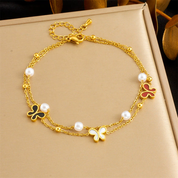 Simple Shiny Shell Butterfly Double Layer Stacked Women's Stainless Steel Foot Chain With Pearl Starfish And Animal Pattern