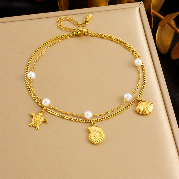 Simple Shiny Shell Butterfly Double Layer Stacked Women's Stainless Steel Foot Chain With Pearl Starfish And Animal Pattern