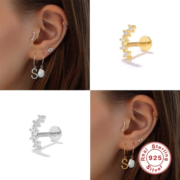 Simple Single Row Diamond S925 Sterling Silver Geometric Flat Head Thread Puncture Cartilage Earrings For Unisex