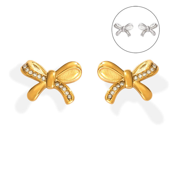 Simple Single Side Bow Diamond Earrings Titanium Steel Gold Plated Electroplated For Women