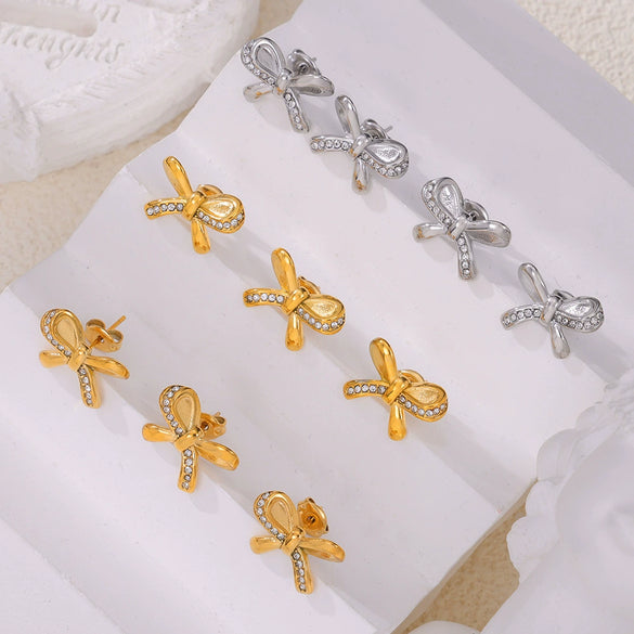 Simple Single Side Bow Diamond Earrings Titanium Steel Gold Plated Electroplated For Women