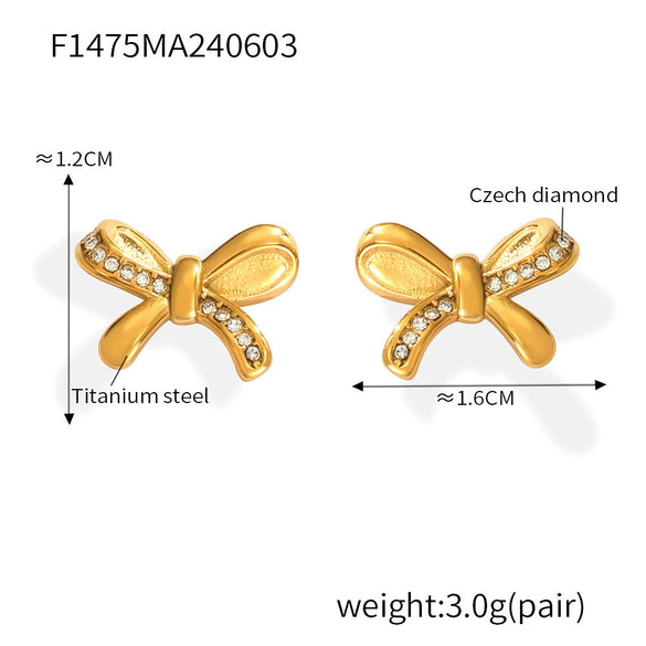 Simple Single Side Bow Diamond Earrings Titanium Steel Gold Plated Electroplated For Women