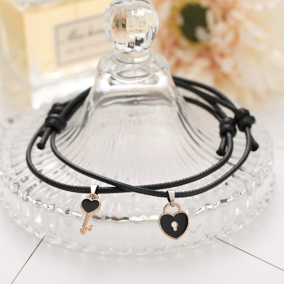 Simple Small Key Lock Love Couple Bracelet For Girlfriend Black Hand Rope Alloy Material Geometric Pattern Electroplating Treatment