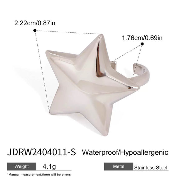 Simple Smooth Convex Fivepointed Star Adjustable Opening Stainless Steel Electroplated Allmatch Nonfading Women's Ring