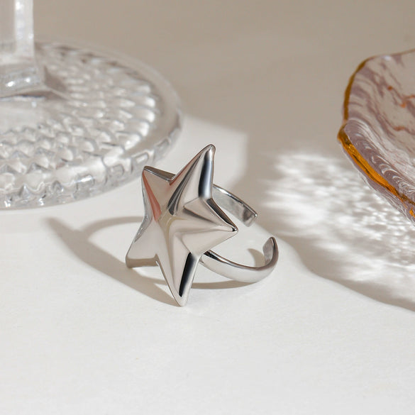 Simple Smooth Convex Fivepointed Star Adjustable Opening Stainless Steel Electroplated Allmatch Nonfading Women's Ring