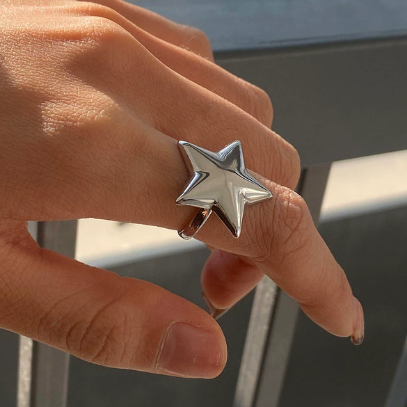 Simple Smooth Convex Fivepointed Star Adjustable Opening Stainless Steel Electroplated Allmatch Nonfading Women's Ring