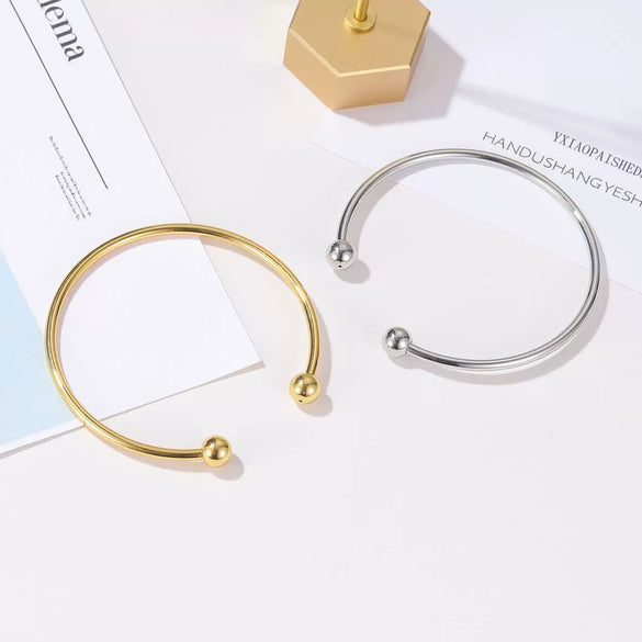 Simple Smooth Silver Plated Metal C Shaped Double Bead Adjustable Bracelet For Women Electroplated Minimalist Style