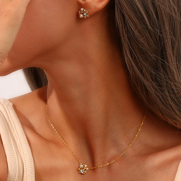 Simple Special Shaped Rhinestone Pearl Flower Stud Earrings And Necklace In Stainless Steel With Electroplating Geometric Pattern For Women