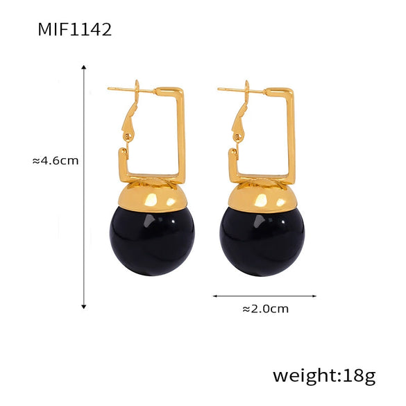 Simple Square Buckle Round Beads Earrings In Retro Fashion Niche Personality Titanium Steel With 18K Gold Electroplated Finish For Women Geometric Pattern