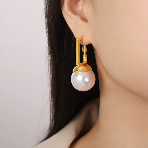 Simple Square Buckle Round Beads Earrings In Retro Fashion Niche Personality Titanium Steel With 18K Gold Electroplated Finish For Women Geometric Pattern