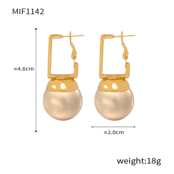 Simple Square Buckle Round Beads Earrings In Retro Fashion Niche Personality Titanium Steel With 18K Gold Electroplated Finish For Women Geometric Pattern