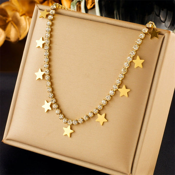 Simple Square Diamondembedded Glossy Fivepointed Star Pendant Titanium Steel Necklace With Electroplating