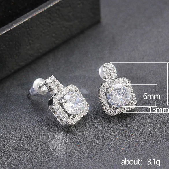 Simple Square Full Of Zircon Platinum Plated Copper Stud Earrings Jewelry