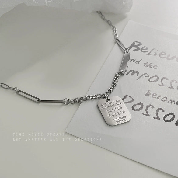 Simple Square Letter Titanium Steel Necklace With Stitching Chain Geometric Design Cold Style Couple Accessories