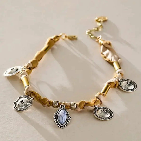 Simple Stainless Steel And Titanium Steel Handwoven Bracelet Anklet With Round Silver Coin Zircon Electroplated Geometric Design