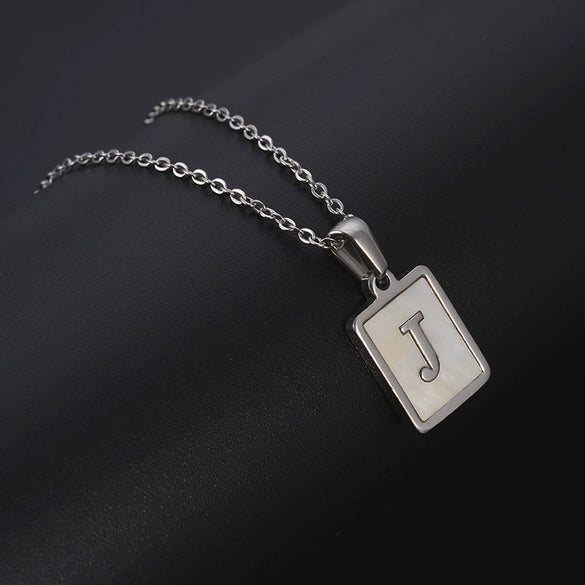 Simple Stainless Steel And 316L Stainless Steel Letter Square Shell Pendant Necklace For Women