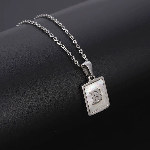 Simple Stainless Steel And 316L Stainless Steel Letter Square Shell Pendant Necklace For Women