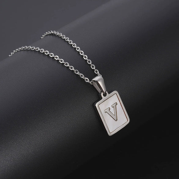 Simple Stainless Steel And 316L Stainless Steel Letter Square Shell Pendant Necklace For Women