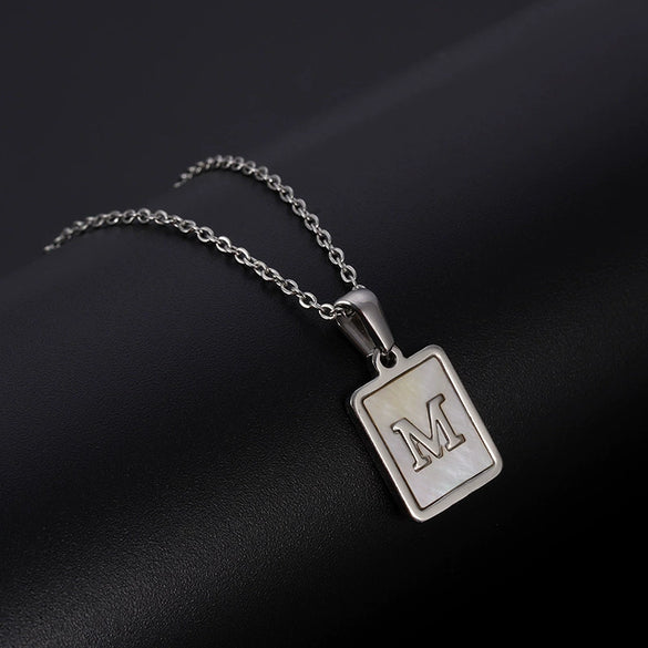 Simple Stainless Steel And 316L Stainless Steel Letter Square Shell Pendant Necklace For Women