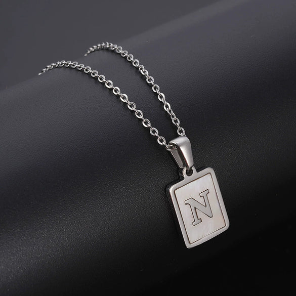 Simple Stainless Steel And 316L Stainless Steel Letter Square Shell Pendant Necklace For Women