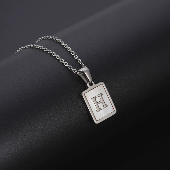 Simple Stainless Steel And 316L Stainless Steel Letter Square Shell Pendant Necklace For Women