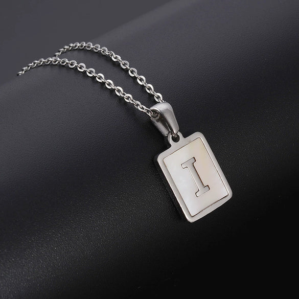 Simple Stainless Steel And 316L Stainless Steel Letter Square Shell Pendant Necklace For Women