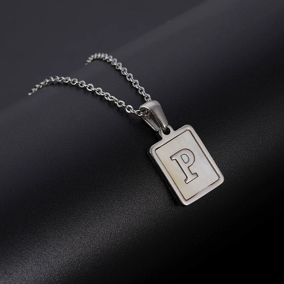 Simple Stainless Steel And 316L Stainless Steel Letter Square Shell Pendant Necklace For Women