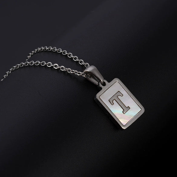 Simple Stainless Steel And 316L Stainless Steel Letter Square Shell Pendant Necklace For Women