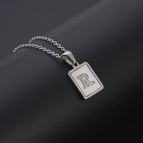 Simple Stainless Steel And 316L Stainless Steel Letter Square Shell Pendant Necklace For Women